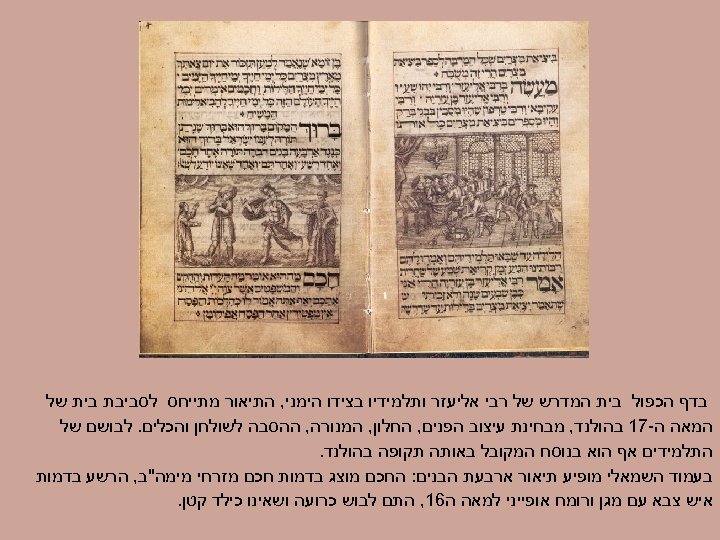  בדף הכפול בית המדרש של רבי אליעזר ותלמידיו בצידו הימני, התיאור מתייחס לסביבת