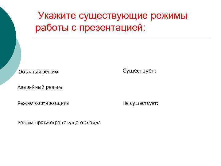 Режимами называются способы отображения и работы над презентацией не существуют таких режимов как