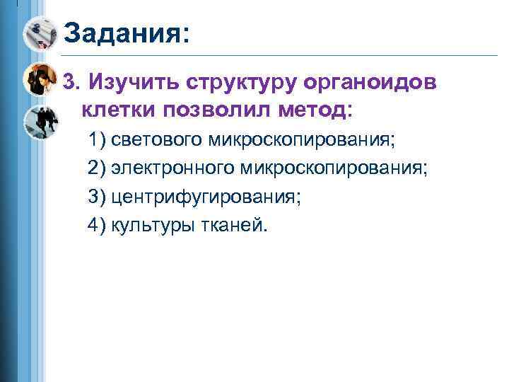 Задания: 3. Изучить структуру органоидов клетки позволил метод: 1) светового микроскопирования; 2) электронного микроскопирования;