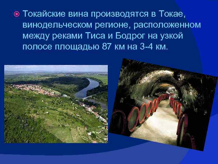  Токайские вина производятся в Токае, винодельческом регионе, расположенном между реками Тиса и Бодрог