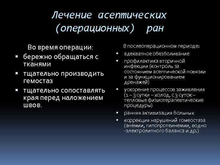 Лечение асептических (операционных) ран Во время операции: бережно обращаться с тканями тщательно производить гемостаз