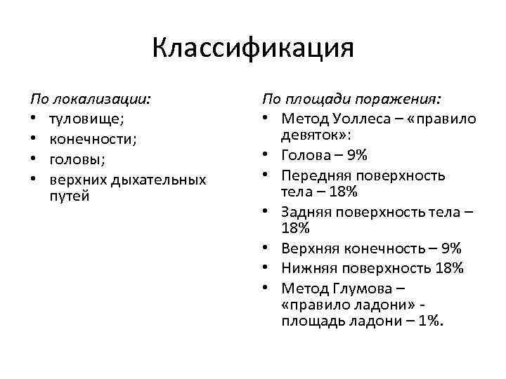 Классификация По локализации: • туловище; • конечности; • головы; • верхних дыхательных путей По