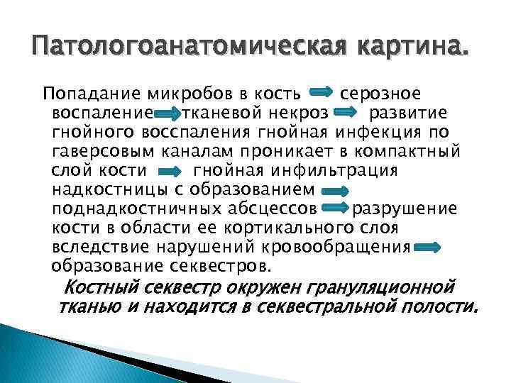 Патологоанатомическая картина. Попадание микробов в кость серозное воспаление тканевой некроз развитие гнойного восспаления гнойная