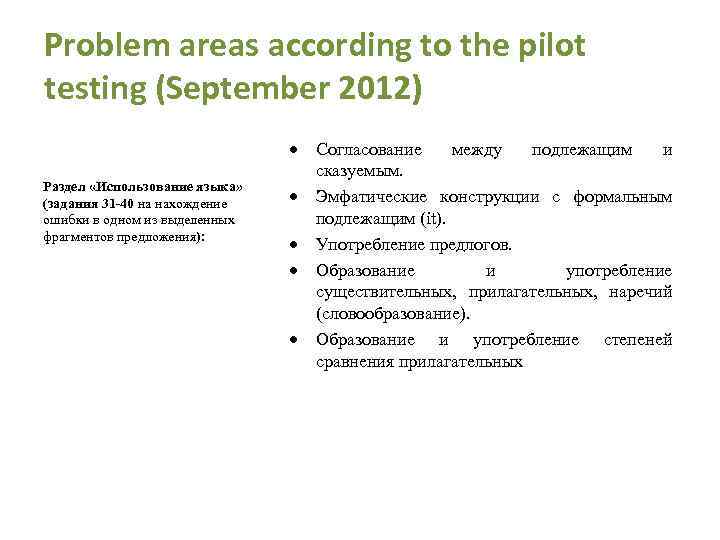 Problem areas according to the pilot testing (September 2012) Раздел «Использование языка» (задания 31