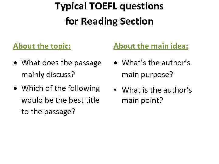 Typical TOEFL questions for Reading Section About the topic: About the main idea: What