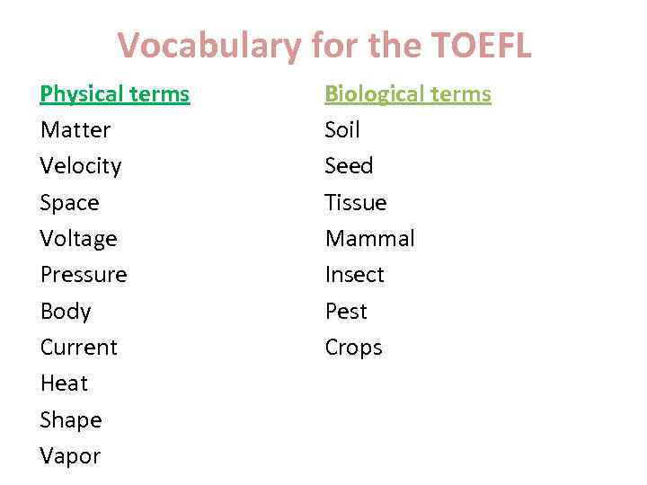 Vocabulary for the TOEFL Physical terms Matter Velocity Space Voltage Pressure Body Current Heat