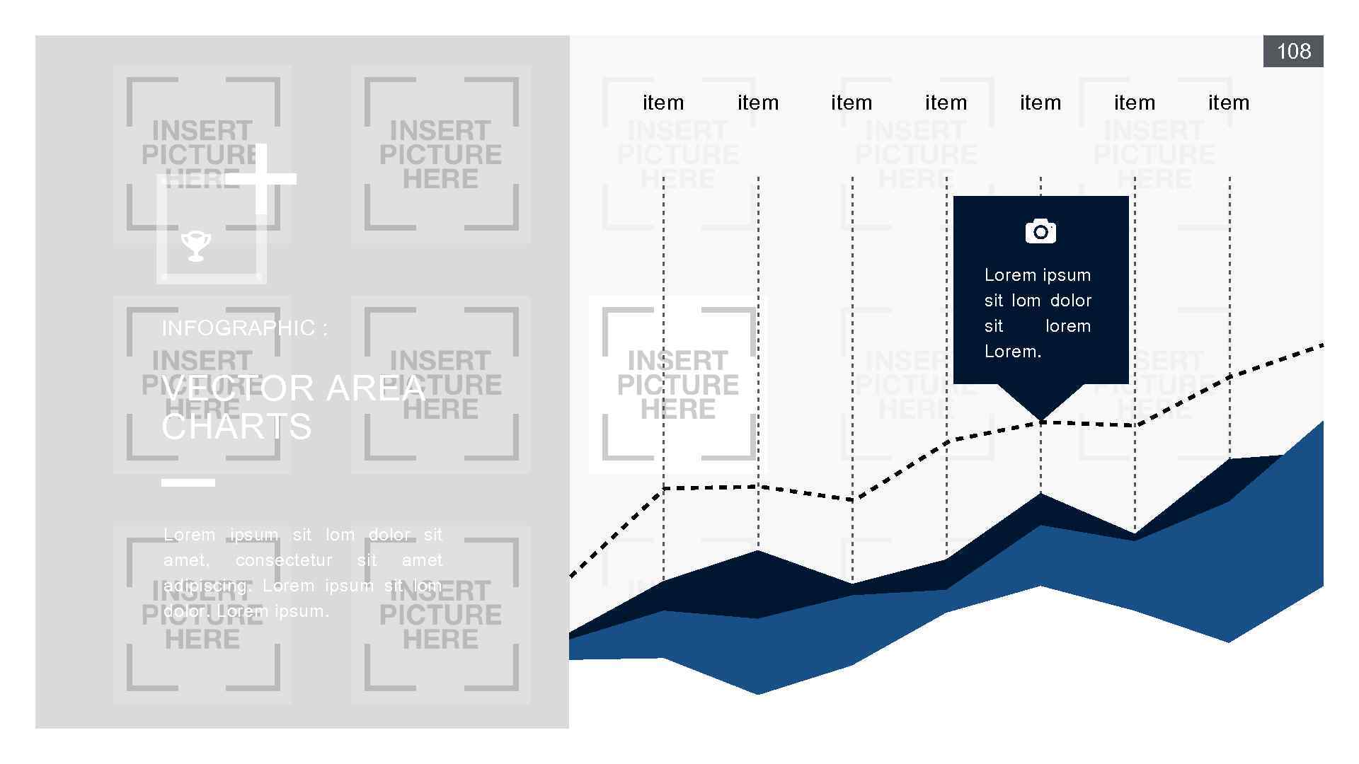 108 item INFOGRAPHIC : VECTOR AREA CHARTS Lorem ipsum sit lom dolor sit amet,