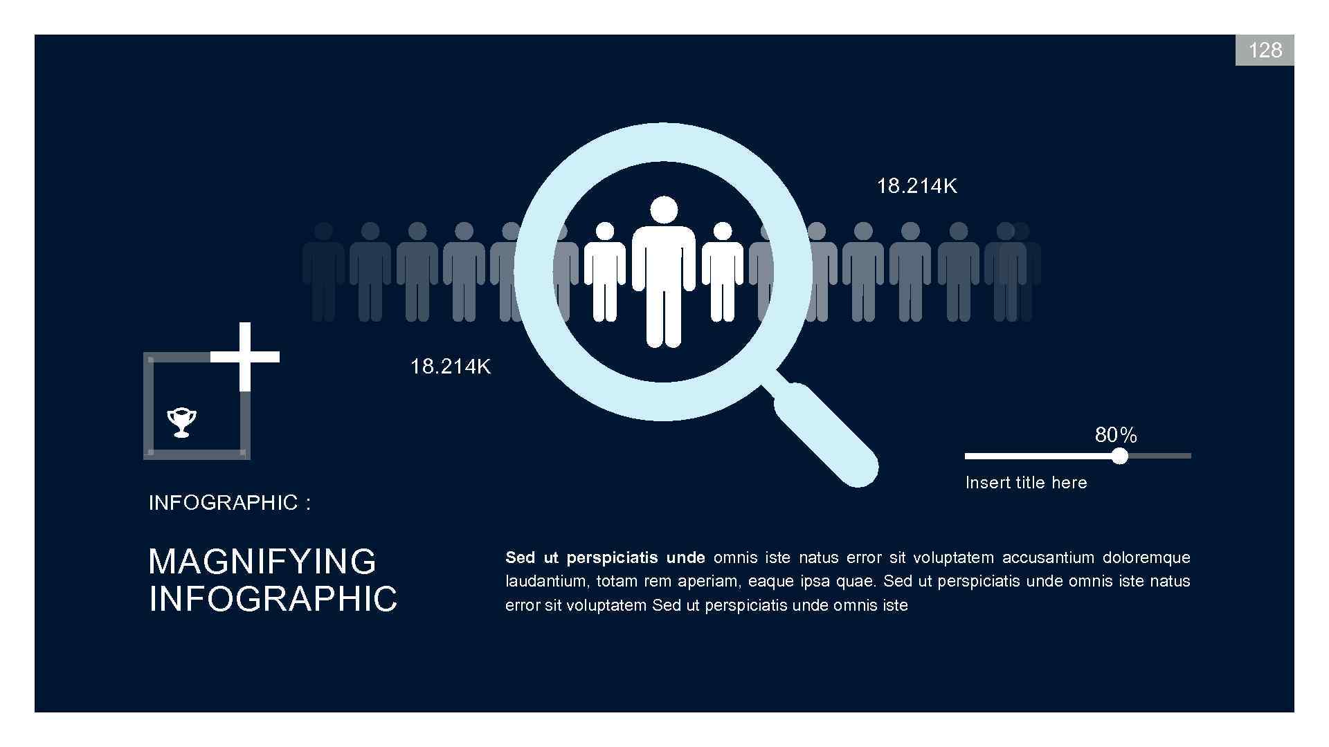 128 18. 214 K 80% INFOGRAPHIC : MAGNIFYING INFOGRAPHIC Insert title here Sed ut