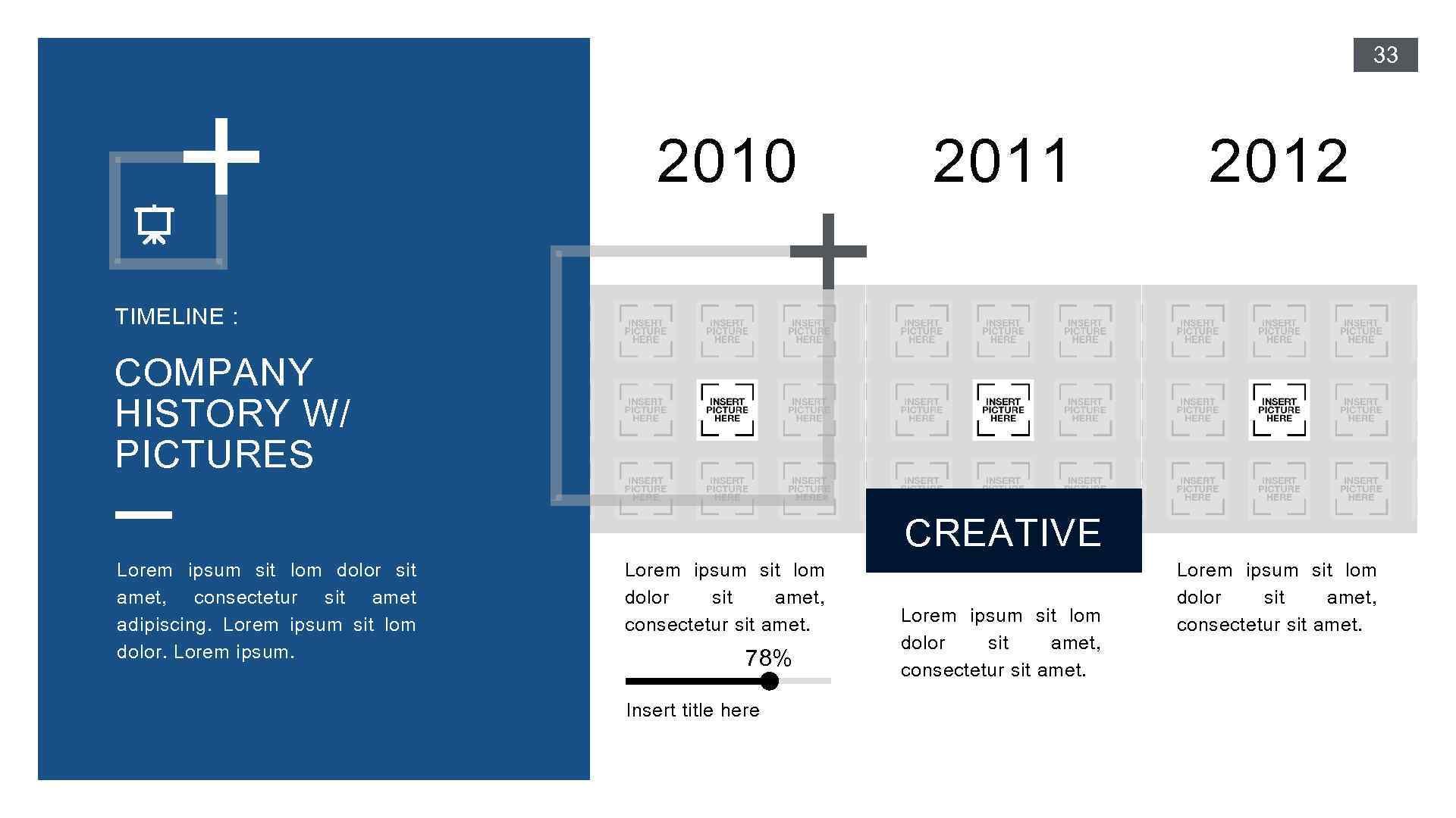 33 2010 2011 2012 TIMELINE : COMPANY HISTORY W/ PICTURES CREATIVE Lorem ipsum sit