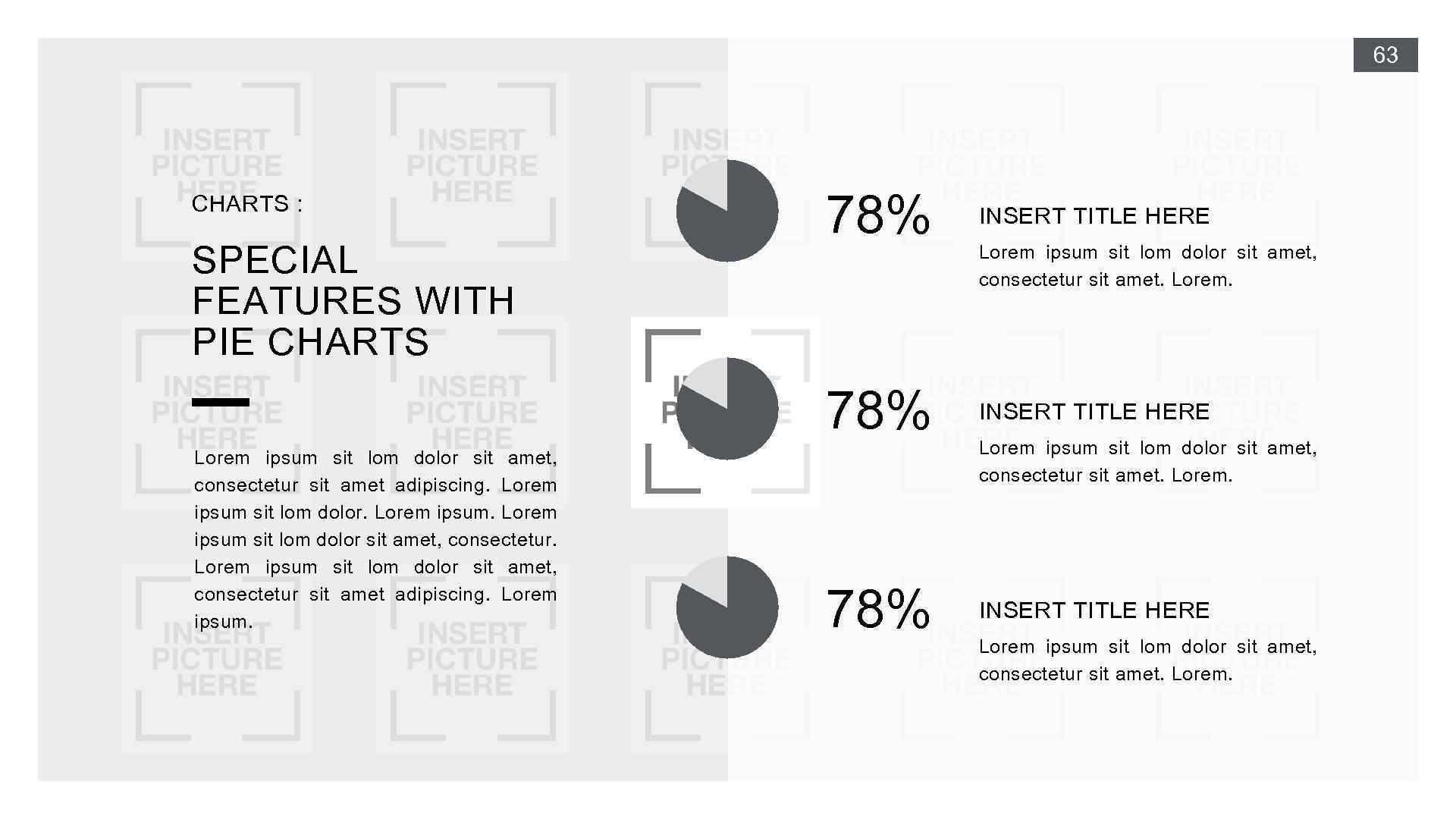 63 SPECIAL FEATURES WITH PIE CHARTS Lorem ipsum sit lom dolor sit amet, consectetur