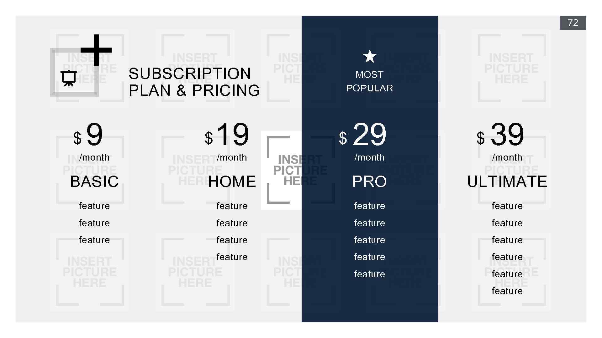 72 SUBSCRIPTION PLAN & PRICING $ 9 $ 19 MOST POPULAR $ 29 $