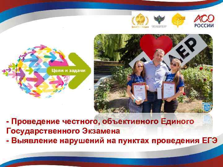 - Проведение честного, объективного Единого Государственного Экзамена - Выявление нарушений на пунктах проведения ЕГЭ