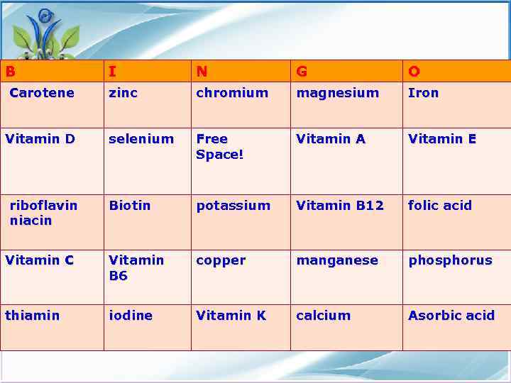 B I N G O Carotene zinc chromium magnesium Iron Vitamin D selenium Free