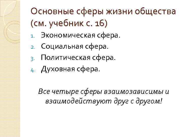 Основные сферы жизни общества (см. учебник с. 16) Экономическая сфера. 2. Социальная сфера. 3.