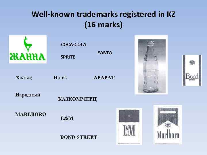 Well-known trademarks registered in KZ (16 marks) COCA-COLA FANTA SPRITE Халық Народный МАRLВОRО Halyk