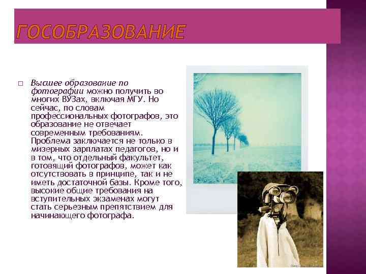 ГОСОБРАЗОВАНИЕ Высшее образование по фотографии можно получить во многих ВУЗах, включая МГУ. Но сейчас,
