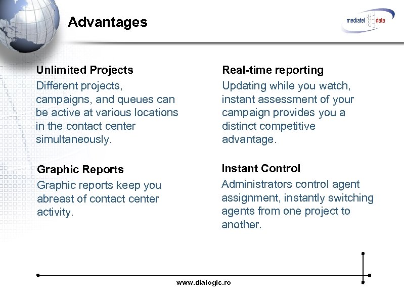 Advantages Unlimited Projects Different projects, campaigns, and queues can be active at various locations