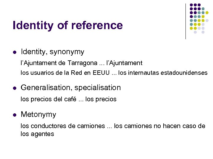 Identity of reference l Identity, synonymy l’Ajuntament de Tarragona. . . l’Ajuntament los usuarios