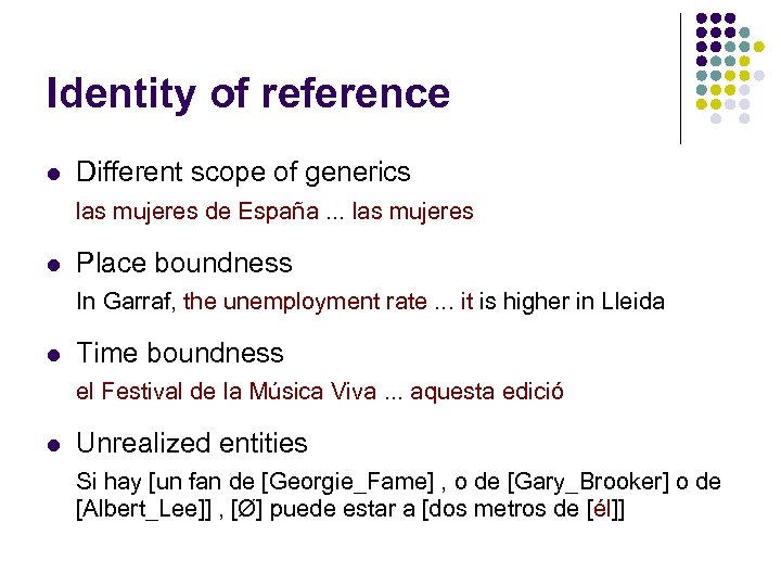 Identity of reference l Different scope of generics las mujeres de España. . .