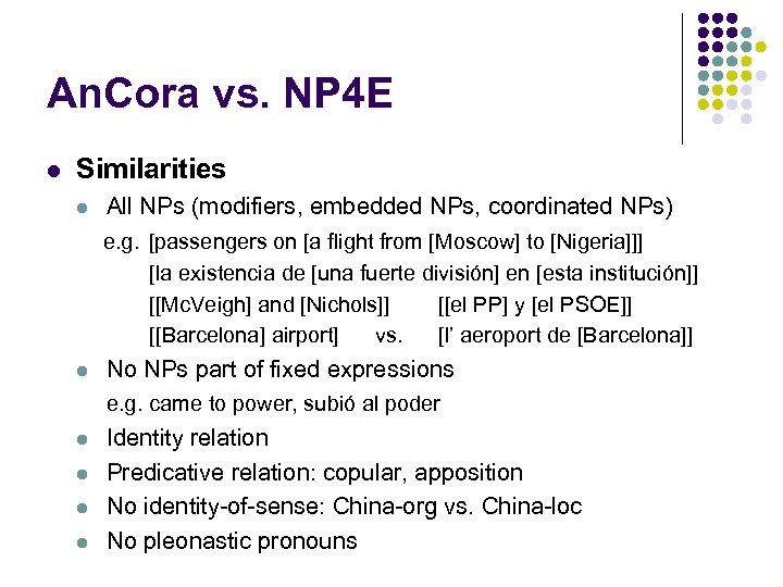 An. Cora vs. NP 4 E l Similarities l All NPs (modifiers, embedded NPs,