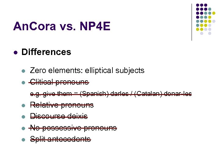 An. Cora vs. NP 4 E l Differences l l Zero elements: elliptical subjects
