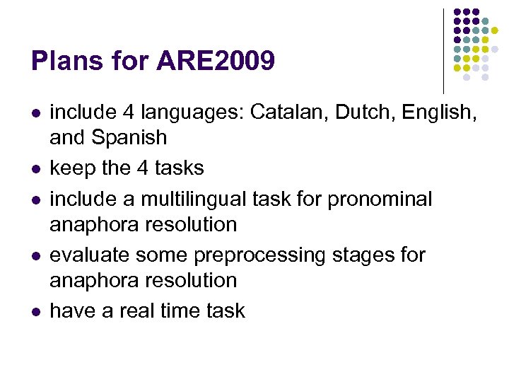 Plans for ARE 2009 l l l include 4 languages: Catalan, Dutch, English, and