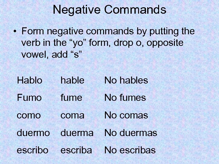 Negative Commands • Form negative commands by putting the verb in the “yo” form,