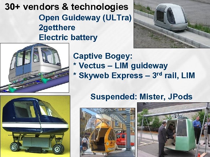 30+ vendors & technologies Open Guideway (ULTra) 2 getthere Electric battery Captive Bogey: *