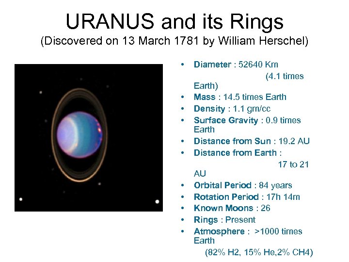 URANUS and its Rings (Discovered on 13 March 1781 by William Herschel) • •