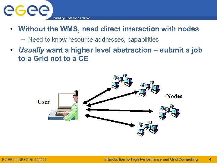 Enabling Grids for E-scienc. E • Without the WMS, need direct interaction with nodes