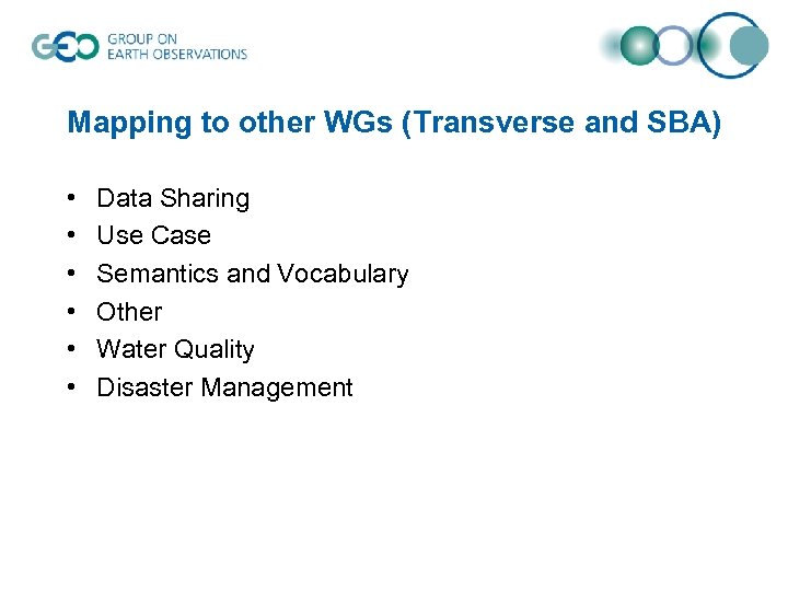 Mapping to other WGs (Transverse and SBA) • • • Data Sharing Use Case