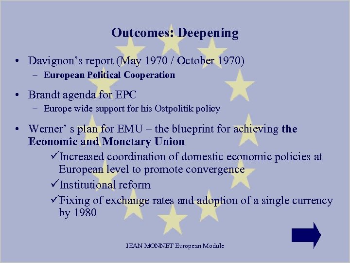 Outcomes: Deepening • Davignon’s report (May 1970 / October 1970) – European Political Cooperation