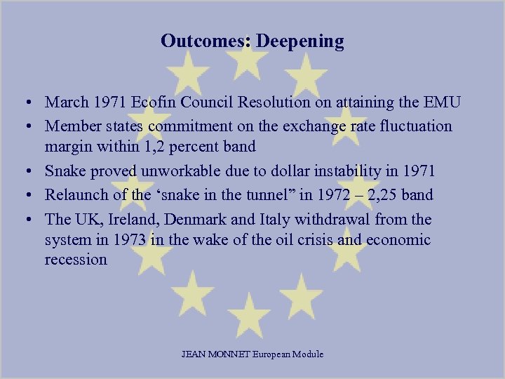 Outcomes: Deepening • March 1971 Ecofin Council Resolution on attaining the EMU • Member