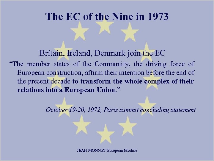 The EC of the Nine in 1973 Britain, Ireland, Denmark join the EC “The