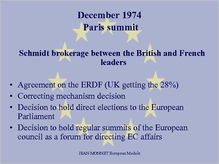 December 1974 Paris summit Schmidt brokerage between the British and French leaders • Agreement