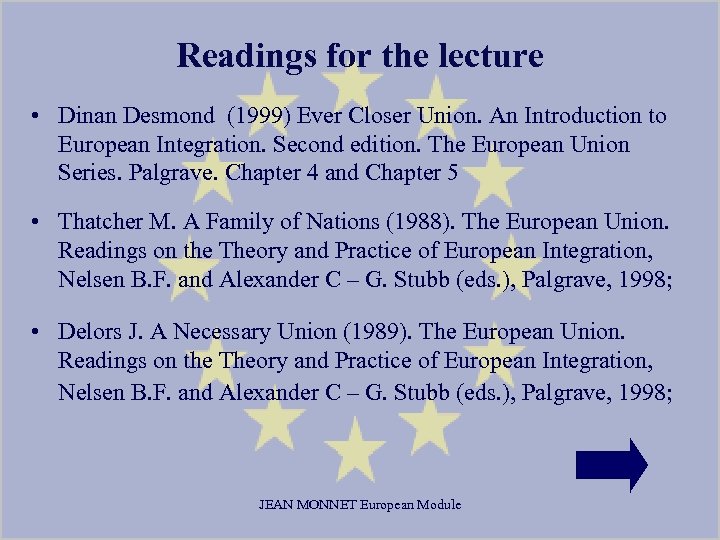 Readings for the lecture • Dinan Desmond (1999) Ever Closer Union. An Introduction to