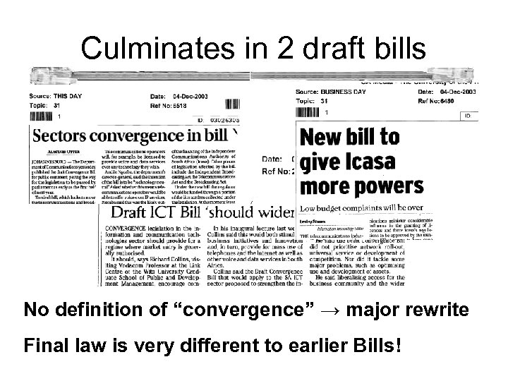 Culminates in 2 draft bills No definition of “convergence” → major rewrite Final law