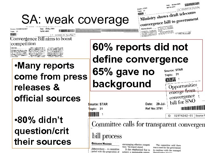 SA: weak coverage 60% reports did not define convergence • Many reports 65% gave