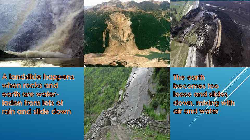 A landslide happens when rocks and earth are waterladen from lots of rain and