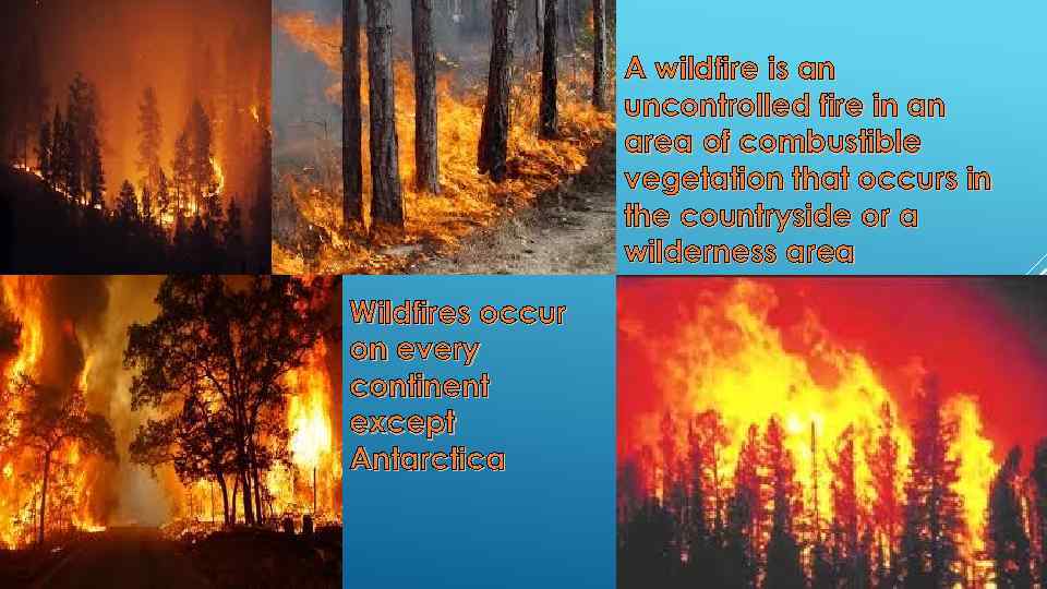 A wildfire is an uncontrolled fire in an area of combustible vegetation that occurs