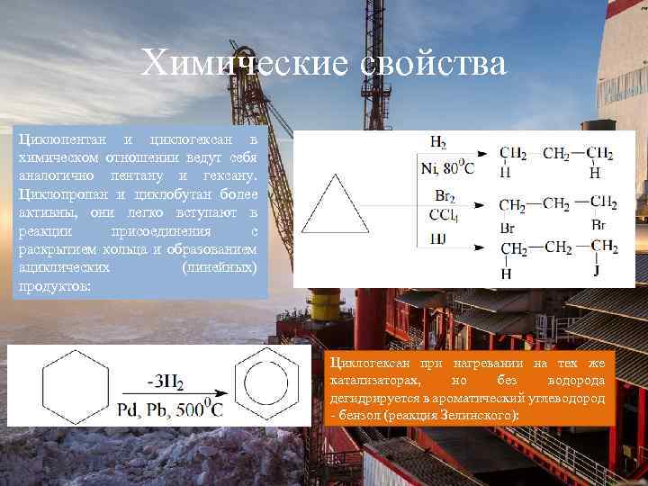 Химические свойства Циклопентан и циклогексан в химическом отношении ведут себя аналогично пентану и гексану.