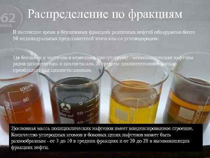 Распределение по фракциям В настоящее время в бензиновых фракциях различных нефтей обнаружено более 50