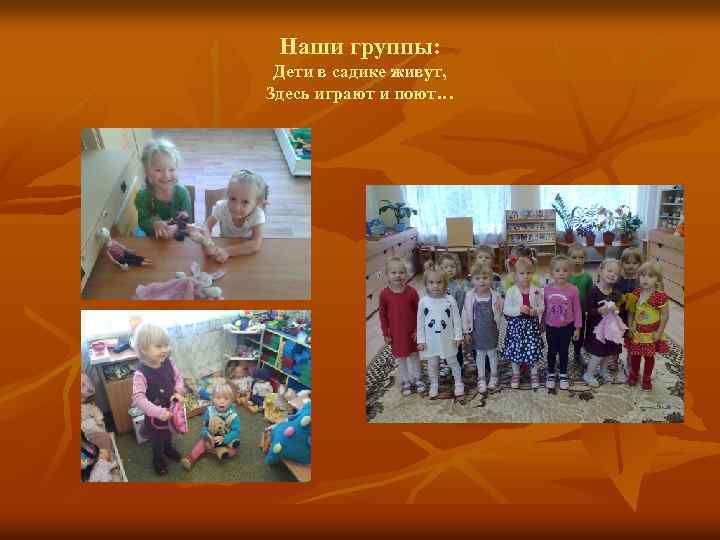 Наши группы: Дети в садике живут, Здесь играют и поют… 