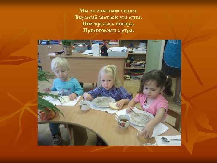 Мы за столиком сидим, Вкусный завтрак мы едим. Постарались повара, Приготовили с утра. 