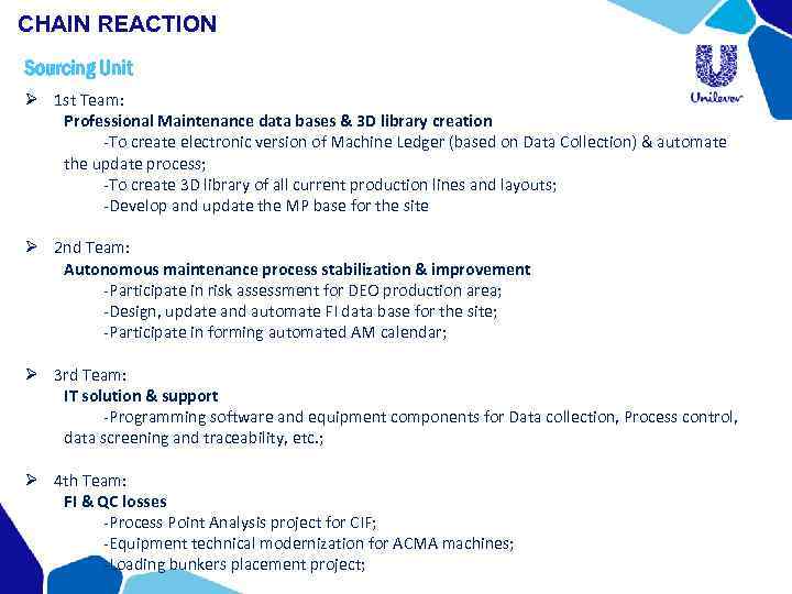 CHAIN REACTION Sourcing Unit Ø 1 st Team: Professional Maintenance data bases & 3