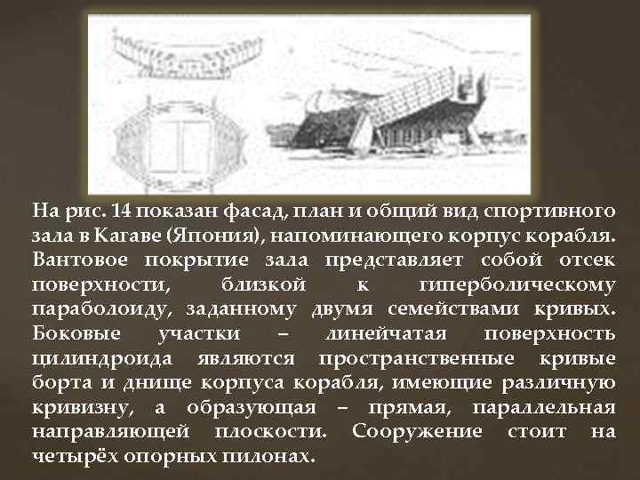 На рис. 14 показан фасад, план и общий вид спортивного зала в Кагаве (Япония),
