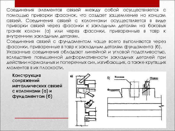 Соединения элементов связей между собой осуществляется с помощью приварки фасонок, что создает защемление но