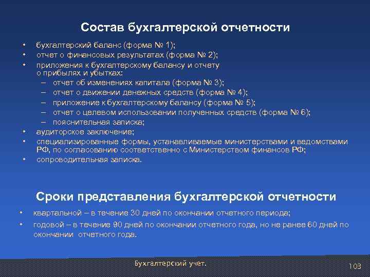 Состав бухгалтерской отчетности • • • бухгалтерский баланс (форма № 1); отчет о финансовых