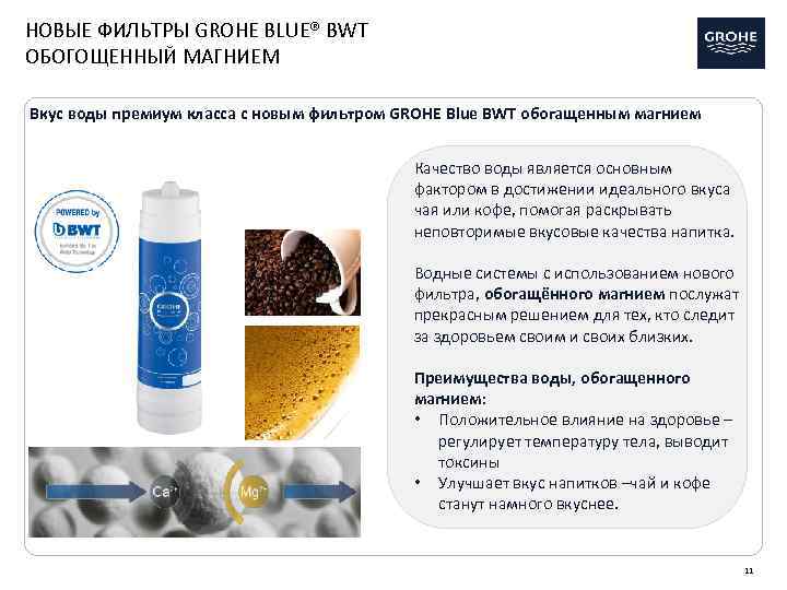НОВЫЕ ФИЛЬТРЫ GROHE BLUE® BWT ОБОГОЩЕННЫЙ МАГНИЕМ Вкус воды премиум класса с новым фильтром