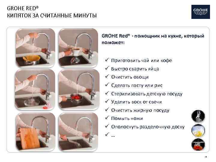 GROHE RED® КИПЯТОК ЗА СЧИТАННЫЕ МИНУТЫ GROHE Red® - помощник на кухне, который поможет: